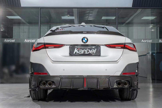 BMW I4 M50 / e Drive 40 (with M-package bumper, does not fit base model) G26 2022-ON & 4 Series Gran Coupe M440i 430i (with M-package bumper, does not fit base model) G26 2022-ON with Aftermarket Parts - Rear Bumper Canards Pre-preg Carbon Fiber from Karbel Carbon