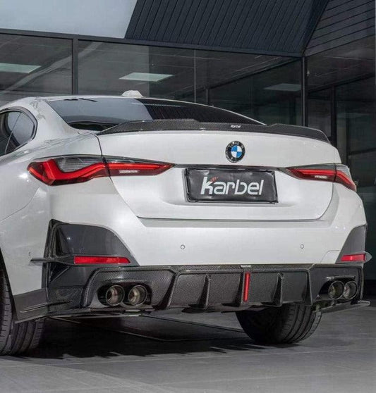 BMW I4 M50 / e Drive 40 (with M-package bumper, does not fit base model) G26 2022-ON & 4 Series Gran Coupe M440i 430i (with M-package bumper, does not fit base model) G26 2022-ON with Aftermarket Parts - Rear Bumper Canards Pre-preg Carbon Fiber from Karbel Carbon