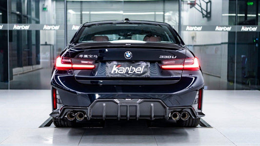 BMW 3 Series 330i (with M-package bumper, does not fit base model) M340i G20 G21 LCI 2023-ON with Aftermarket Parts - Rear Diffuser & Canards Pre-preg Carbon Fiber from Karbel Carbon