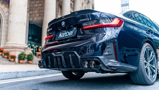 BMW 3 Series 330i (with M-package bumper, does not fit base model) M340i G20 G21 LCI 2023-ON with Aftermarket Parts - Rear Diffuser & Canards Pre-preg Carbon Fiber from Karbel Carbon