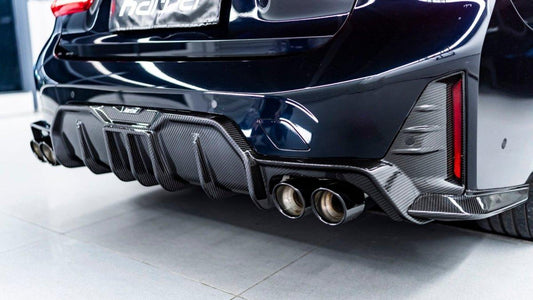 BMW 3 Series 330i (with M-package bumper, does not fit base model) M340i G20 G21 LCI 2023-ON with Aftermarket Parts - Rear Diffuser & Canards Pre-preg Carbon Fiber from Karbel Carbon
