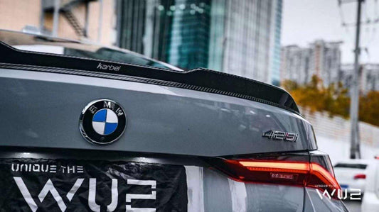BMW I4 M50 / e Drive 40 (with M-package bumper, does not fit base model) G26 2022-ON & 4 Series Gran Coupe M440i 430i (with M-package bumper, does not fit base model) G26 2022-ON with Aftermarket Parts - Rear Spoiler Pre-preg Carbon Fiber from Karbel Carbon