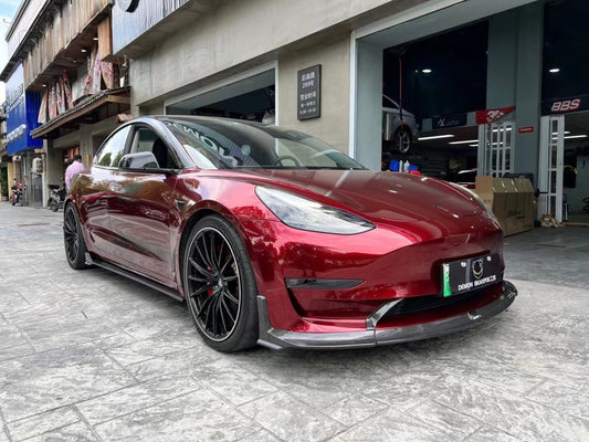 Tesla Model 3/P 2017-2023 with Aftermarket Parts - Front Lip Pre-preg Carbon Fiber from Karbel Carbon