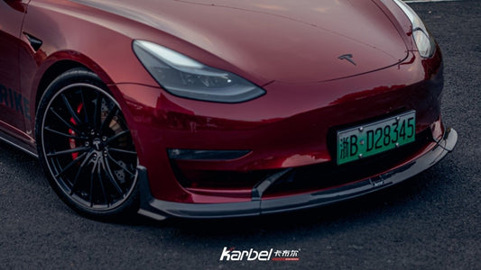 Tesla Model 3/P 2017-2023 with Aftermarket Parts - Front Lip Pre-preg Carbon Fiber from Karbel Carbon