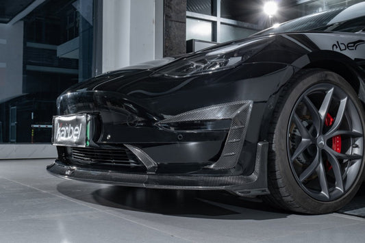 Tesla Model 3/P 2017-2023 with Aftermarket Parts - Front Lip Pre-preg Carbon Fiber from Karbel Carbon