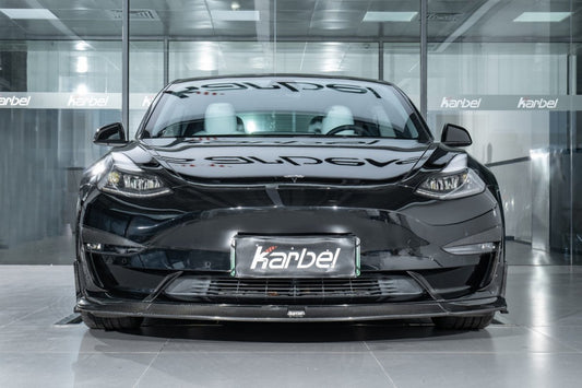 Tesla Model 3/P 2017-2023 with Aftermarket Parts - Front Lip Pre-preg Carbon Fiber from Karbel Carbon