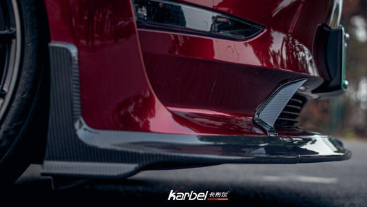 Tesla Model 3/P 2017-2023 with Aftermarket Parts - Front Lip Pre-preg Carbon Fiber from Karbel Carbon