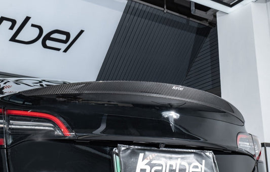 Tesla Model 3/P 2017-2023 with Aftermarket Parts - Rear Spoiler Pre-preg Carbon Fiber from Karbel Carbon