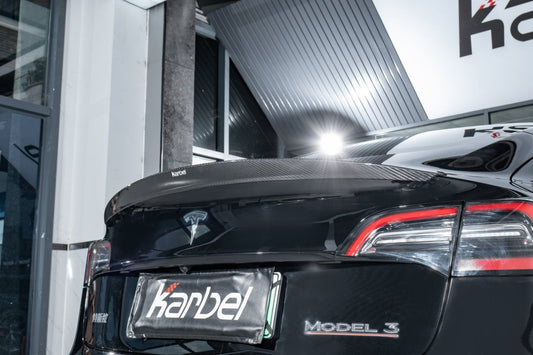 Tesla Model 3/P 2017-2023 with Aftermarket Parts - Rear Spoiler Pre-preg Carbon Fiber from Karbel Carbon