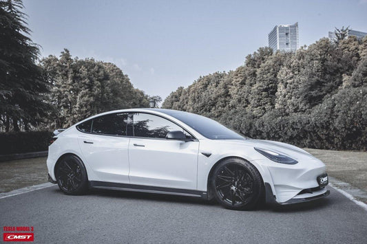 Tesla Model 3 Performance Long Range Standard Base 2017-2023 with Aftermarket Parts - V2 Style Front Bumper & Lip Splitter Carbon Fiber / FRP from CMST Tuning