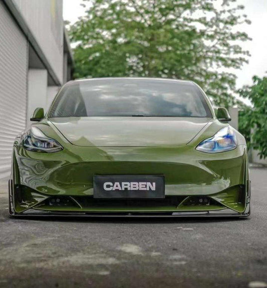 Tesla Model 3 Performance Long Range Standard Base 2017-2023 with Aftermarket Parts - V2 Style Front Bumper & Lip Splitter Carbon Fiber / FRP from CMST Tuning