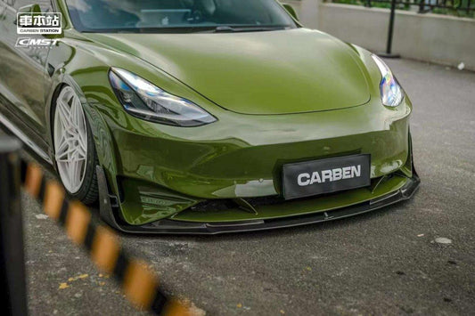 Tesla Model 3 Performance Long Range Standard Base 2017-2023 with Aftermarket Parts - V2 Style Front Bumper & Lip Splitter Carbon Fiber / FRP from CMST Tuning