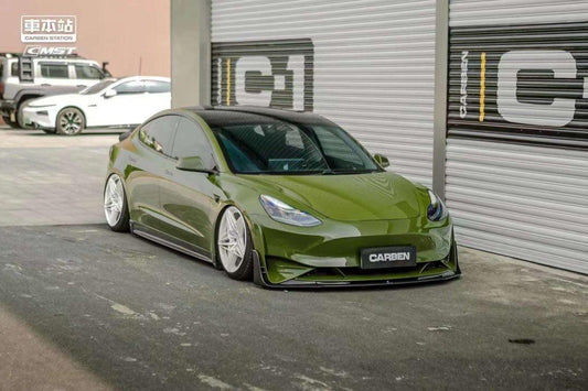 Tesla Model 3 Performance Long Range Standard Base 2017-2023 with Aftermarket Parts - V2 Style Front Bumper & Lip Splitter Carbon Fiber / FRP from CMST Tuning