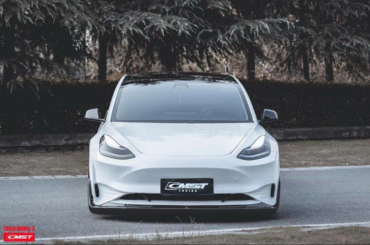 Tesla Model 3 Performance Long Range Standard Base 2017-2023 with Aftermarket Parts - V2 Style Front Bumper & Lip Splitter Carbon Fiber / FRP from CMST Tuning
