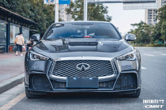 Infiniti Q60 Red Sport 400 Premium Luxe Sport Pure 2017 2018 2019 2020 2021 2022 with Aftermarket Parts - Tempered Glass Clearview Hood Bonnet Carbon Fiber / FRP from CMST Tuning