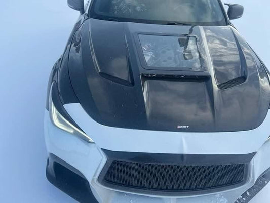 Infiniti Q60 Red Sport 400 Premium Luxe Sport Pure 2017 2018 2019 2020 2021 2022 with Aftermarket Parts - Tempered Glass Clearview Hood Bonnet Carbon Fiber / FRP from CMST Tuning