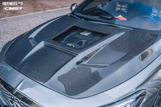 Infiniti Q60 Red Sport 400 Premium Luxe Sport Pure 2017 2018 2019 2020 2021 2022 with Aftermarket Parts - Tempered Glass Clearview Hood Bonnet Carbon Fiber / FRP from CMST Tuning