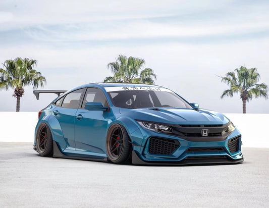 Honda Civic 10th Gen FC1 FC2 FC5 FC6 2016 2017 2018 2019 2020 2021 & Civic 10th Gen FK7 2017 2018 2019 2020 2021 (compatible with both OEM bumper and ROBOT CRAFTSMAN bumper, fits FK7 Hatchback although panel line is slightly different) with Aftermarket Parts - Widebody Wheel Arches Fender Flares Carbon Fiber / FRP from Robot Craftsman