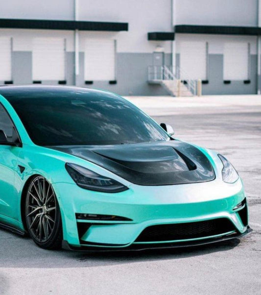 Tesla Model 3 Performance Long Range Standard Base 2017 2018 2019 2020 2021 2022 2023 with Aftermarket Parts - Crypton Front Bumper & Lip Carbon Fiber / FRP from Robot Craftsman