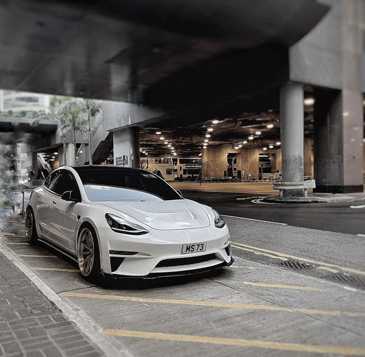 Tesla Model 3 Performance Long Range Standard Base 2017 2018 2019 2020 2021 2022 2023 with Aftermarket Parts - Crypton Front Bumper & Lip Carbon Fiber / FRP from Robot Craftsman
