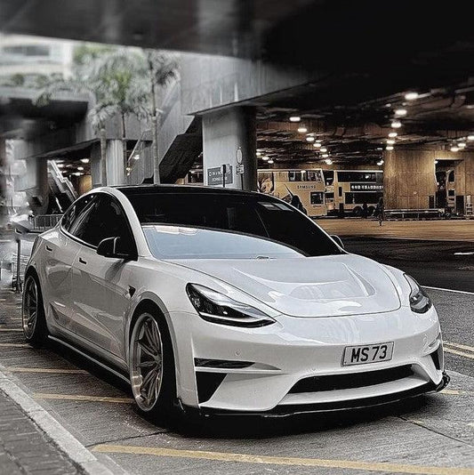 Tesla Model 3 Performance Long Range Standard Base 2017 2018 2019 2020 2021 2022 2023 with Aftermarket Parts - Crypton Front Bumper & Lip Carbon Fiber / FRP from Robot Craftsman