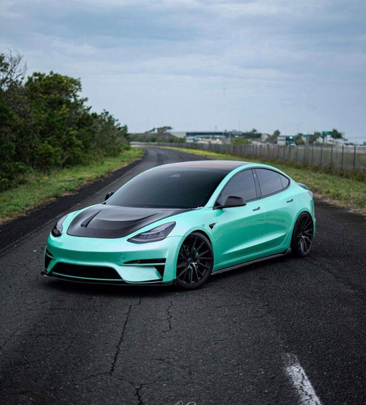 Tesla Model 3 Performance Long Range Standard Base 2017 2018 2019 2020 2021 2022 2023 with Aftermarket Parts - Crypton Front Bumper & Lip Carbon Fiber / FRP from Robot Craftsman
