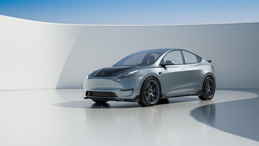 Tesla Model Y Performance AWD Long Range RWD Standard 2020 2021 2023 2024 with Aftermarket Parts - "CRYPTON" Front Lip & Corner Splitters Carbon Fiber / FRP from Robot Craftsman