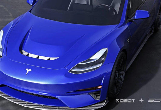 Tesla Model 3 Performance Long Range Standard Base 2017 2018 2019 2020 2021 2022 2023 with Aftermarket Parts - "Crypton" Hood Bonnet Carbon Fiber / FRP from Robot Craftsman