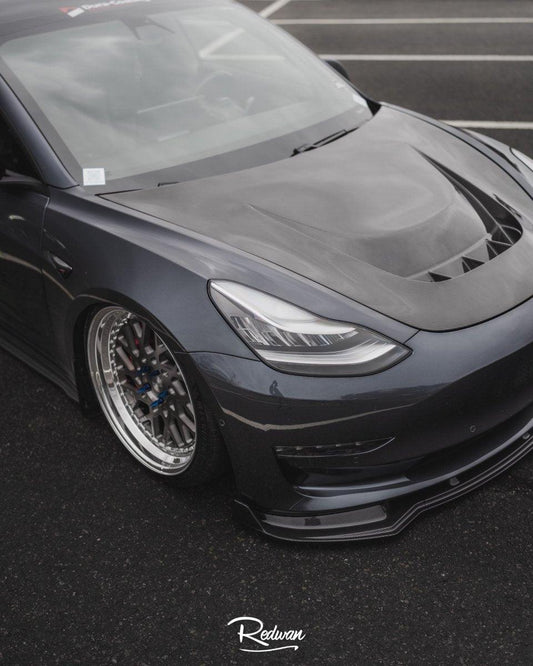 Tesla Model 3 Performance Long Range Standard Base 2017 2018 2019 2020 2021 2022 2023 with Aftermarket Parts - "Crypton" Hood Bonnet Carbon Fiber / FRP from Robot Craftsman