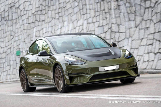 Tesla Model 3 Performance Long Range Standard Base 2017 2018 2019 2020 2021 2022 2023 with Aftermarket Parts - "Crypton" Hood Bonnet Carbon Fiber / FRP from Robot Craftsman