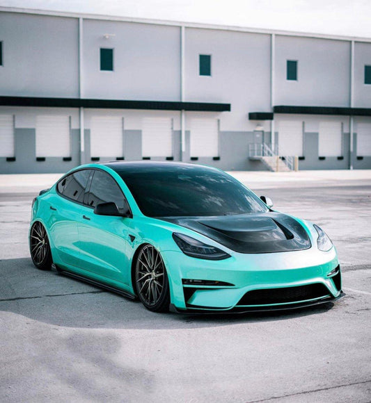Tesla Model 3 Performance Long Range Standard Base 2017 2018 2019 2020 2021 2022 2023 with Aftermarket Parts - "Crypton" Hood Bonnet Carbon Fiber / FRP from Robot Craftsman
