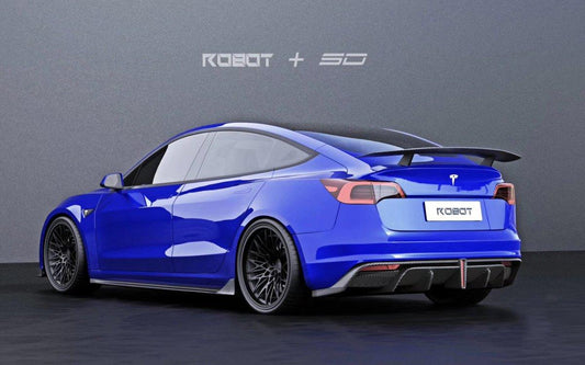 Tesla Model 3 Performance Long Range Standard Base 2017 2018 2019 2020 2021 2022 2023 with Aftermarket Parts - Crypton Rear Spoiler Wing Carbon Fiber / FRP from Robot Craftsman