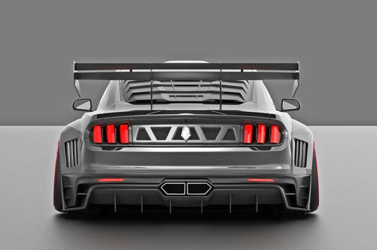 Ford Mustang Ecoboost V6 GT March1 Bullitt S550.1 S550.2 2015 2016 2017 2018 2019 2020 2021 2022 2023 with Aftermarket Parts - "DAWN & DUSK" Trunk Deck Lid Back Cover with Wooden Boat Badge Carbon Fiber / FRP from Robot Craftsman