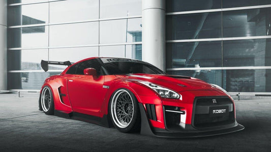 Nissan GTR Nismo Black Edition Track Edition Premium Base CBA DBA 2008 2009 2010 2011 2012 2013 2014 2015 2016 (for installation on 2017 2018 2019 2020 2021 2022 2023 2024 vehicles, 2008 2009 2010 2011 2012 2013 2014 2015 2016 hood is recommended) with Aftermarket Parts - "Godzilla" Widebody Front Bumper & Front Lip Carbon Fiber / FRP from Robot Craftsman