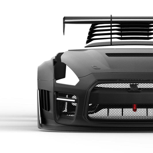 Nissan GTR Nismo Black Edition Track Edition Premium Base CBA DBA 2008 2009 2010 2011 2012 2013 2014 2015 2016 (for installation on 2017 2018 2019 2020 2021 2022 2023 2024 vehicles, 2008 2009 2010 2011 2012 2013 2014 2015 2016 hood is recommended) with Aftermarket Parts - "Godzilla" Widebody Front Bumper & Front Lip Carbon Fiber / FRP from Robot Craftsman