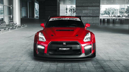 Nissan GTR Nismo Black Edition Track Edition Premium Base CBA DBA 2008 2009 2010 2011 2012 2013 2014 2015 2016 (for installation on 2017 2018 2019 2020 2021 2022 2023 2024 vehicles, 2008 2009 2010 2011 2012 2013 2014 2015 2016 hood is recommended) with Aftermarket Parts - "Godzilla" Widebody Front Bumper & Front Lip Carbon Fiber / FRP from Robot Craftsman