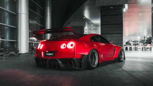 Nissan GTR Nismo T-Spec Black Edition Track Edition Premium Pure CBA DBA EBA 2008 2009 2010 2011 2012 2013 2014 2015 2016 2017 2018 2019 2020 2021 2022 2023 2024 (designed to be compatible with ROBOT CRAFTSMAN front bumper) with Aftermarket Parts - "Godzilla" Widebody Wheel Arches & Side Skirts Carbon Fiber / FRP from Robot Craftsman