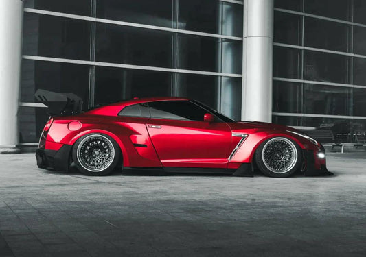 Nissan GTR Nismo T-Spec Black Edition Track Edition Premium Pure CBA DBA EBA 2008 2009 2010 2011 2012 2013 2014 2015 2016 2017 2018 2019 2020 2021 2022 2023 2024 (designed to be compatible with ROBOT CRAFTSMAN front bumper) with Aftermarket Parts - "Godzilla" Widebody Wheel Arches & Side Skirts Carbon Fiber / FRP from Robot Craftsman