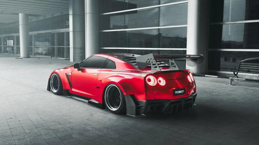 Nissan GTR Nismo T-Spec Black Edition Track Edition Premium Pure CBA DBA EBA 2008 2009 2010 2011 2012 2013 2014 2015 2016 2017 2018 2019 2020 2021 2022 2023 2024 (designed to be compatible with ROBOT CRAFTSMAN front bumper) with Aftermarket Parts - "Godzilla" Widebody Wheel Arches & Side Skirts Carbon Fiber / FRP from Robot Craftsman