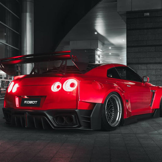 Nissan GTR Nismo T-Spec Black Edition Track Edition Premium Pure CBA DBA EBA 2008 2009 2010 2011 2012 2013 2014 2015 2016 2017 2018 2019 2020 2021 2022 2023 2024 (designed to be compatible with ROBOT CRAFTSMAN front bumper) with Aftermarket Parts - "Godzilla" Widebody Wheel Arches & Side Skirts Carbon Fiber / FRP from Robot Craftsman