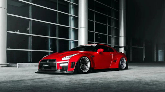 Nissan GTR Nismo T-Spec Black Edition Track Edition Premium Pure CBA DBA EBA 2008 2009 2010 2011 2012 2013 2014 2015 2016 2017 2018 2019 2020 2021 2022 2023 2024 (designed to be compatible with ROBOT CRAFTSMAN front bumper) with Aftermarket Parts - "Godzilla" Widebody Wheel Arches & Side Skirts Carbon Fiber / FRP from Robot Craftsman