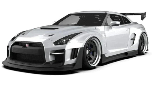 Nissan GTR Nismo T-Spec Black Edition Track Edition Premium Pure CBA DBA EBA 2008 2009 2010 2011 2012 2013 2014 2015 2016 2017 2018 2019 2020 2021 2022 2023 2024 (designed to be compatible with ROBOT CRAFTSMAN front bumper) with Aftermarket Parts - "Godzilla" Widebody Wheel Arches & Side Skirts Carbon Fiber / FRP from Robot Craftsman