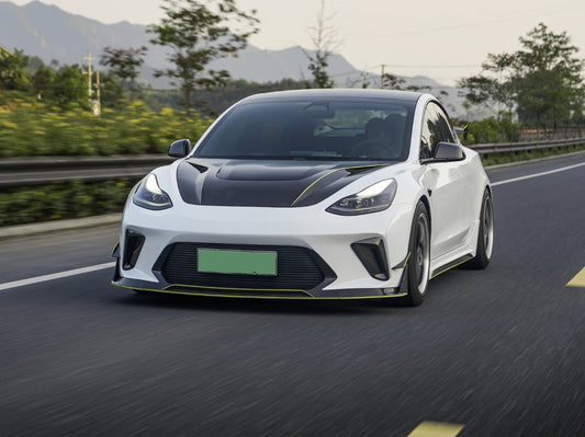 Tesla Model 3 Performance Long Range Standard Base 2017 2018 2019 2020 2021 2022 2023 with Aftermarket Parts - "Hacker" Narrow Body Front Bumper Canards Carbon Fiber / FRP from Robot Craftsman