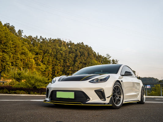 Tesla Model 3 Performance Long Range Standard Base 2017 2018 2019 2020 2021 2022 2023 with Aftermarket Parts - "Hacker" Narrow Body Front Bumper Canards Carbon Fiber / FRP from Robot Craftsman
