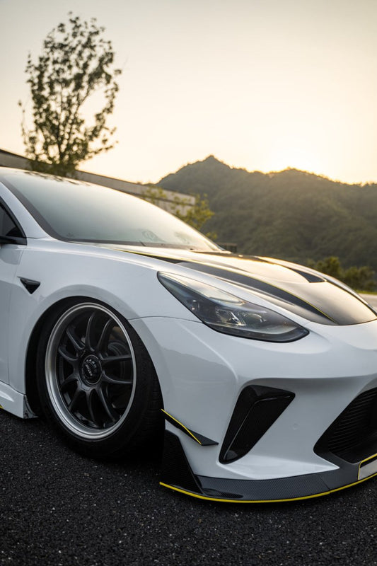 Tesla Model 3 Performance Long Range Standard Base 2017 2018 2019 2020 2021 2022 2023 with Aftermarket Parts - "Hacker" Narrow Body Front Bumper Canards Carbon Fiber / FRP from Robot Craftsman