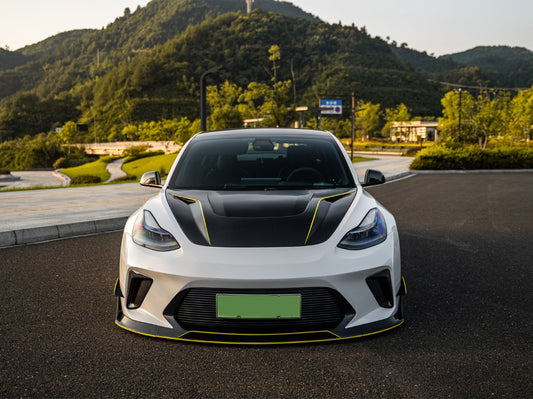 Tesla Model 3 Performance Long Range Standard Base 2017 2018 2019 2020 2021 2022 2023 with Aftermarket Parts - "Hacker" Narrow Body Front Bumper Canards Carbon Fiber / FRP from Robot Craftsman