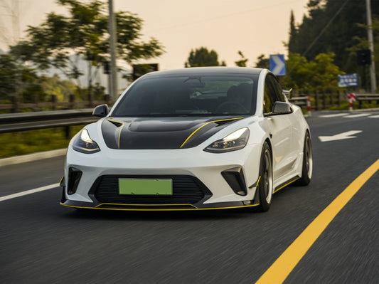Tesla Model 3 Performance Long Range Standard Base 2017 2018 2019 2020 2021 2022 2023 with Aftermarket Parts - "Hacker" Narrow Body Front Bumper Canards Carbon Fiber / FRP from Robot Craftsman