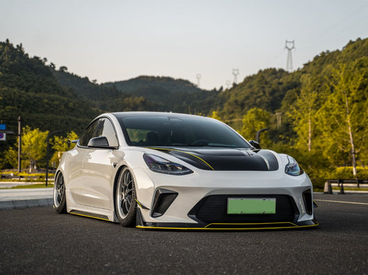 Tesla Model 3 Performance Long Range Standard Base 2017 2018 2019 2020 2021 2022 2023 with Aftermarket Parts - "Hacker" Narrow Body Front Bumper Canards Carbon Fiber / FRP from Robot Craftsman