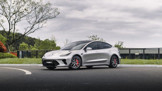 Tesla Model 3 Performance Long Range Standard Base 2017 2018 2019 2020 2021 2022 2023 with Aftermarket Parts - "HACKER" Narrow Body Front Bumper & Front Splitter Carbon Fiber / FRP from Robot Craftsman
