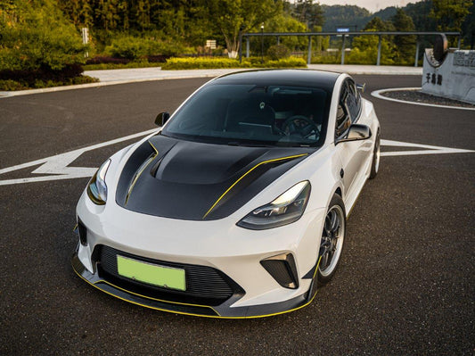 Tesla Model 3 Performance Long Range Standard Base 2017 2018 2019 2020 2021 2022 2023 with Aftermarket Parts - "HACKER" Narrow Body Front Bumper & Front Splitter Carbon Fiber / FRP from Robot Craftsman